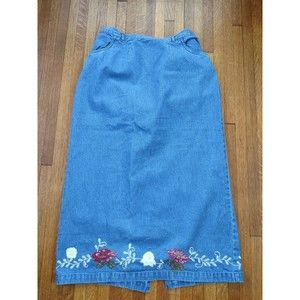 Vintage Denim & Co. Women's Denim Maxi Skirt With Floral Embroidery Size large